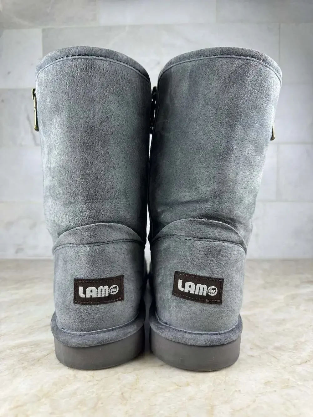LAMO Gray Suede Mid Calf Winter Boots Faux Fur Lined Side Zip Womens 8